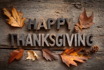 Happy Thanksgiving" wooden letters artfully arranged with autumn leaves on a weathered wooden surface