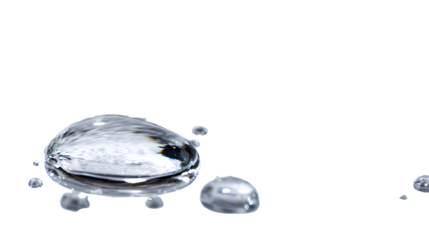 Close-up view of liquid mercury droplets showcasing their shiny surface, isolated on a white background, emphasizing properties like fluidity and reflective quality.