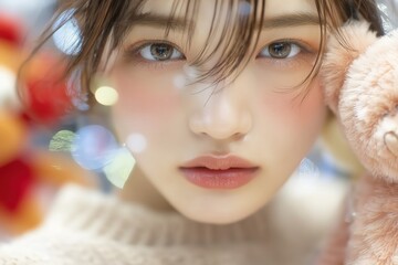 ぬいぐるみを可愛がる若い日本人女性