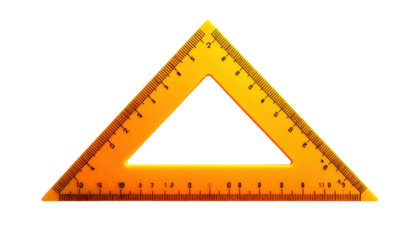Translucent amber triangular ruler with markings on each side, set against a black background
