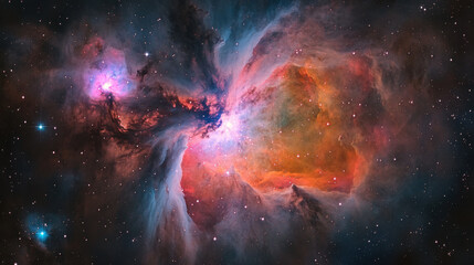 mesmerizing view of a colorful nebula in outer space, featuring vibrant shades of pink, blue