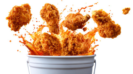 Crispy fried chicken pieces emerging from a white bucket, surrounded by splashes of vibrant orange sauce, showcasing a delicious and appetizing fast food scene.