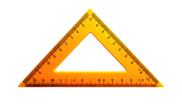 Translucent amber triangular ruler with markings on each side, set against a black background