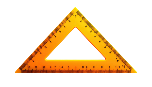 Translucent amber triangular ruler with markings on each side, set against a black background