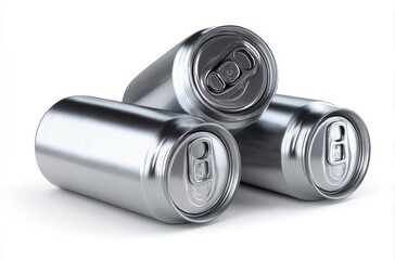Three aluminum cans stacked on a white surface, showcasing smooth metallic texture and circular tops. One is angled, revealing the opening mechanism