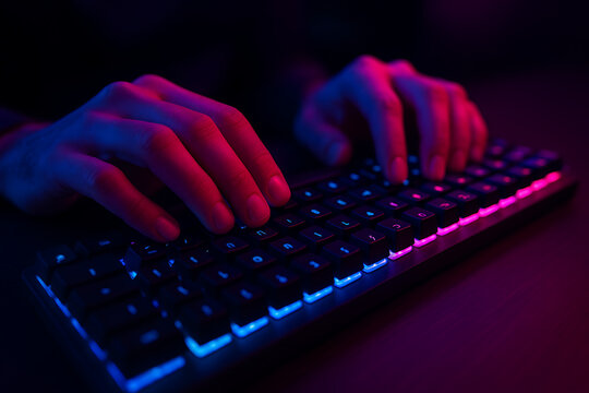 Closeup of typing hands on mechanical keyboard with neon lights. 