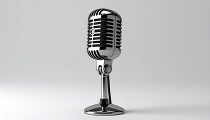 Silver retro microphone stands centered against a light gray background, casting soft shadows in a softly lit, minimalist studio shot