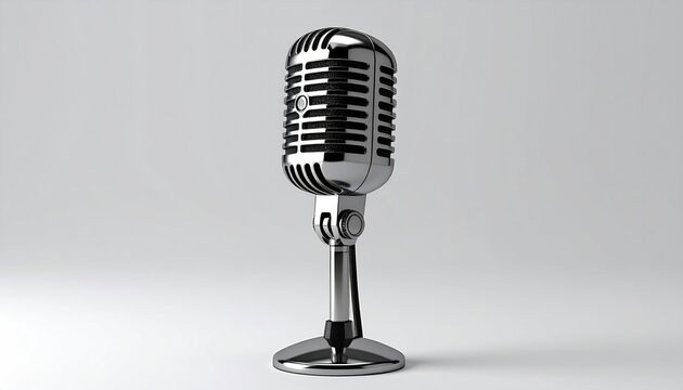 Silver retro microphone stands centered against a light gray background, casting soft shadows in a softly lit, minimalist studio shot