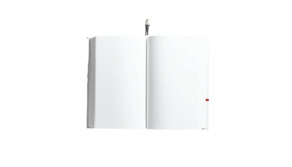 Open blank notebook with pen atop, lying flat, displaying pristine white pages; a red bookmark subtly peeks from the edge