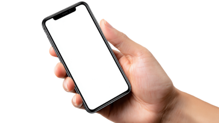 A hand holding a modern smartphone with a blank screen, showcasing a sleek design against a white isolated background.