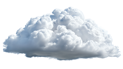 Fluffy white cloud isolated on a transparent background, perfect for design projects or illustrative purposes. Soft, billowing shape provides a serene, natural appearance.