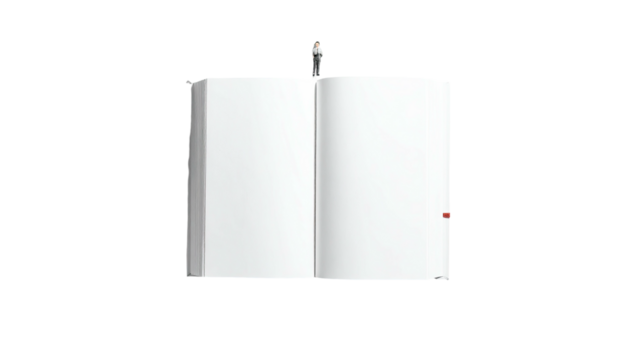 Open blank notebook with pen atop, lying flat, displaying pristine white pages; a red bookmark subtly peeks from the edge