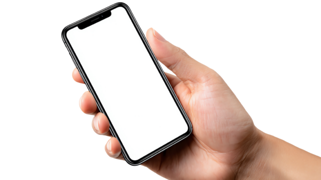 A hand holding a modern smartphone with a blank screen, showcasing a sleek design against a white isolated background.