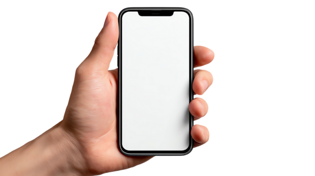 A hand holding a smartphone with a blank screen, ideal for showcasing app designs or digital content, isolated on a white background.