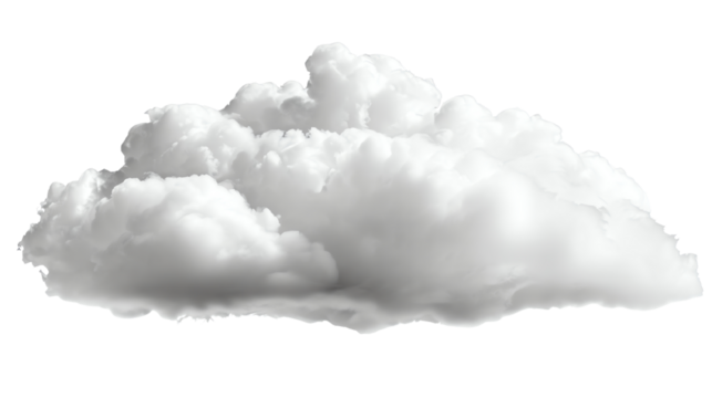 Fluffy white cloud isolated on a transparent background, perfect for natural, serene, and calming atmospheres in design and artwork.