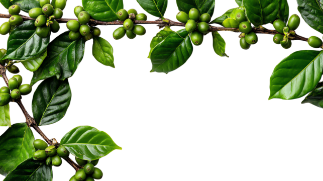 Branch of coffee plant with green coffee beans and vibrant leaves on a white isolated background.