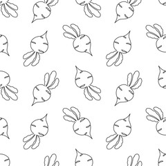 Single line cartoon beet seamless pattern. Food vegetable flat texture. Beetroot in Doodle style. Vector Food Illustration. Hand drawn doodle line art
