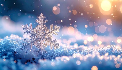 A close-up captures a pristine snowflake resting in snow. Soft bokeh lights create a dreamy, shimmering backdrop, highlighting the delicate crystal's intricate structure