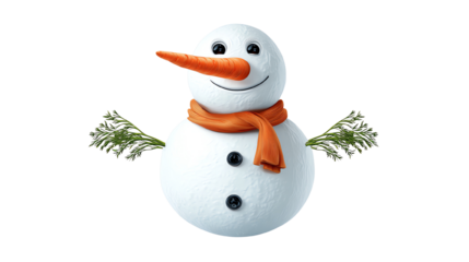 A cheerful snowman with a bright orange carrot nose, wearing a scarf, with arms made of twigs, set against a white background. Perfect for winter and holiday themes.