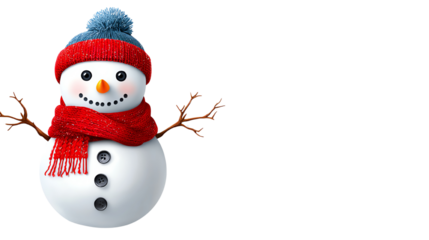 Cheerful snowman with a blue beanie and red scarf, arms outstretched, set against a white isolated background. Perfect for holiday-themed projects and winter festivities.