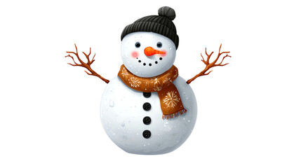 Cheerful snowman with a black hat and orange carrot nose, adorned with a cozy scarf. Ideal for winter and holiday themes, bringing a joyful and festive spirit.