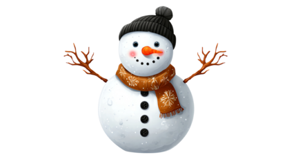 Cheerful snowman with a black hat and orange carrot nose, adorned with a cozy scarf. Ideal for winter and holiday themes, bringing a joyful and festive spirit.