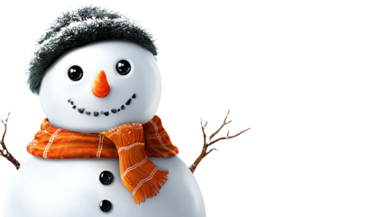 A cheerful snowman wearing a knitted hat and an orange scarf, with a friendly smile. Perfect for winter themes and holiday celebrations.