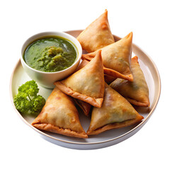 Traditional samosas served on plate isolated on transparent background