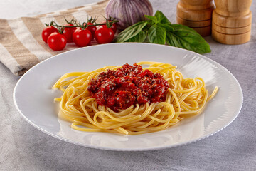 Italian pasta spaghetti bolognese with minced beef meat and tomato sauce