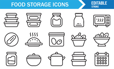 Editable stroke food storage icons set vector collection of kitchen containers