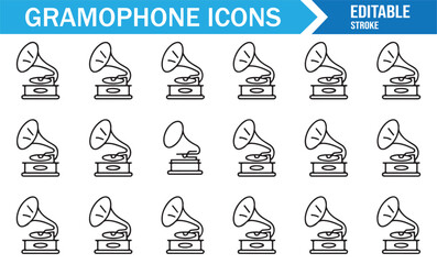 Gramophone outline icons editable stroke vector set for classic music design