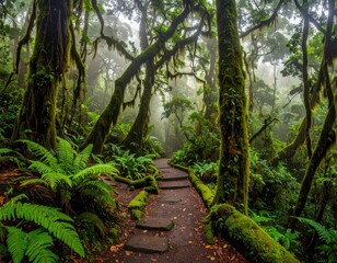 Fototapeta premium Lush green forest path with stone steps, framed by mossy trees, ferns, and a misty atmosphere, creating a tranquil nature scene