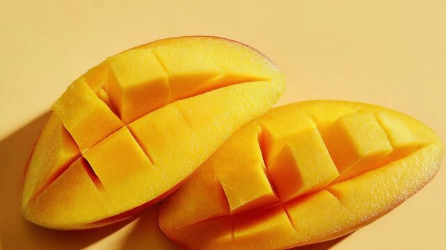 Two ripe mango halves with the flesh scored into a grid.