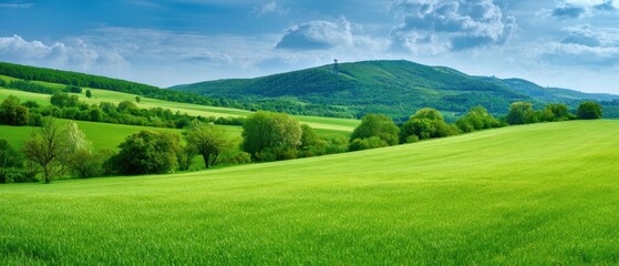 Obraz premium The lush green landscape with rolling hills and a vibrant sky.
