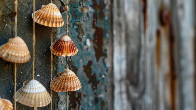 Hanging seashells on rustic wooden background; coastal decor element