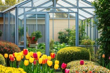 A metal-framed greenhouse in a corner garden, showcasing peppers and leafy greens growing inside, with bright tulips and trimmed bushes in front. Generative AI