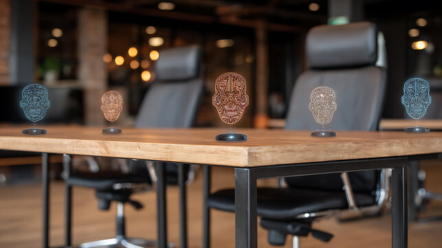 Holographic skull projections displayed on a wooden table in a modern office setting