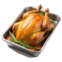 Delicious turkey in roasting tray isolated on transparent background