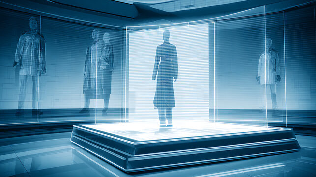 Holographic display of human figures in a futuristic laboratory setting