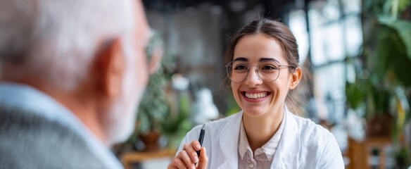 The smiling woman engages in a friendly consultation with an elderly man.