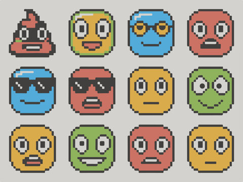 A grid of 12 pixelated emoji faces displaying various emotions and expressions in a colorful, retro video game art style on a light gray background