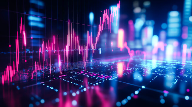 Futuristic digital visualization of a holographic stock market graph with neon pink and blue glowing lines showing financial growth and decline, symbolizing economy, data, and investment concept.