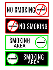 Naklejka premium Vector illustration of No Smoking and Smoking Area signs with bold red, black, and green colors. Perfect for public facilities, office spaces, healthcare campaigns, and safety design projects.