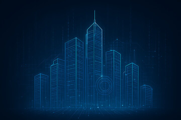 Modern skyscrapers with glowing blue digital overlay. 