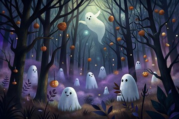 Whimsical ghostly gathering in a spooky enchanted forest at night