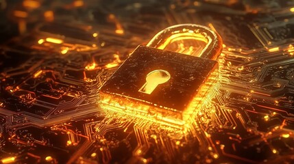 Secure digital world concept with golden padlock on illuminated circuit board representing data protection and privacy for online safety