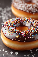 Chocolate glazed donut with colorful sprinkles on a dark background.