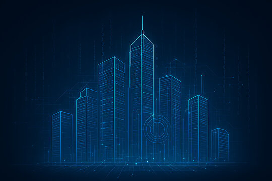 Modern skyscrapers with glowing blue digital overlay. 