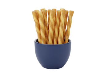 Isolated appetizer of breadsticks in a blue bowl ready to eat as a snack, lunch, or dinner
