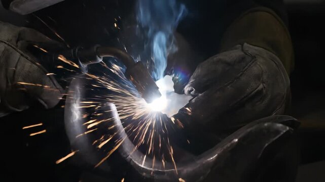 In a dimly lit artisan workshop, skilled hands manipulate glowing metal, creating beautiful sparks. The atmosphere is filled with the sound of tools shaping and transforming raw materials into art.